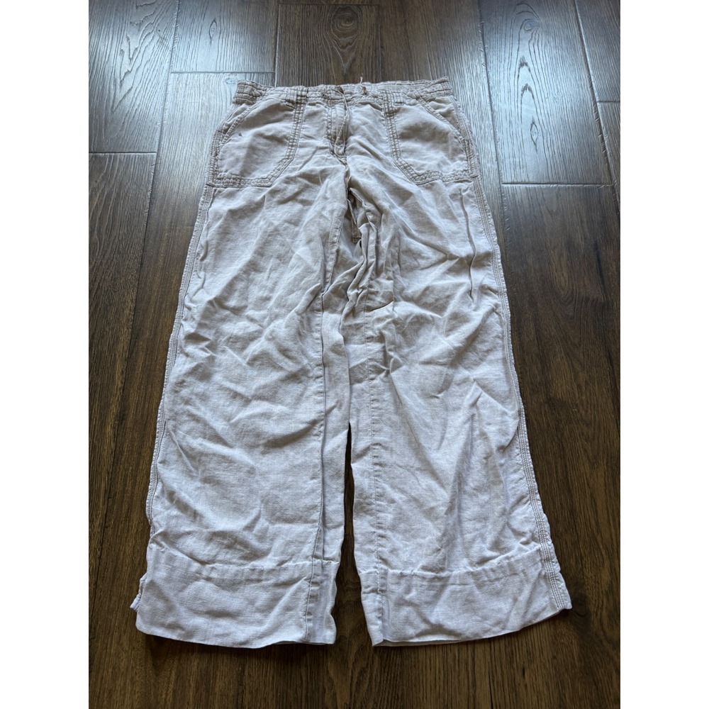 925S Genuine Below Waist Linen Pants Beige Wide Leg Drawstring Trousers Sz 8